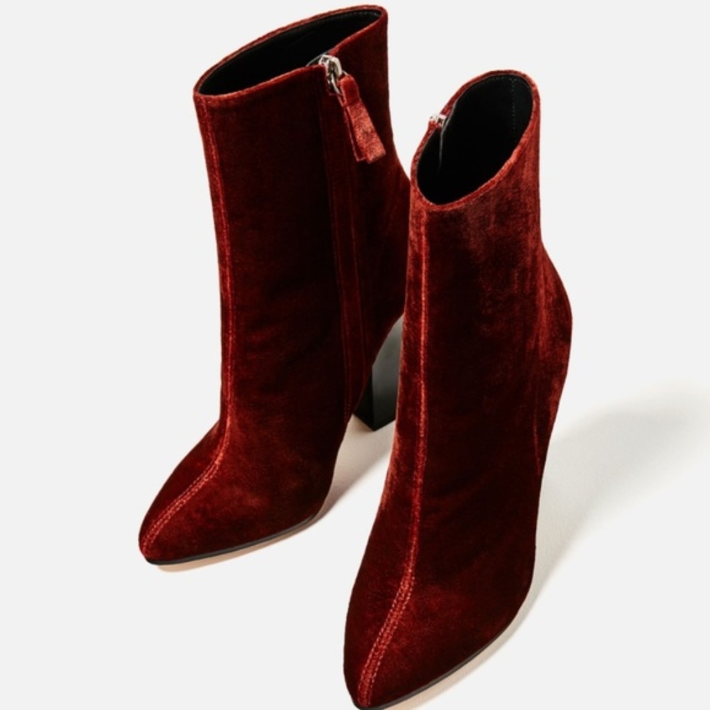 Zara Burgundy Velvet Ankle Boots 8
